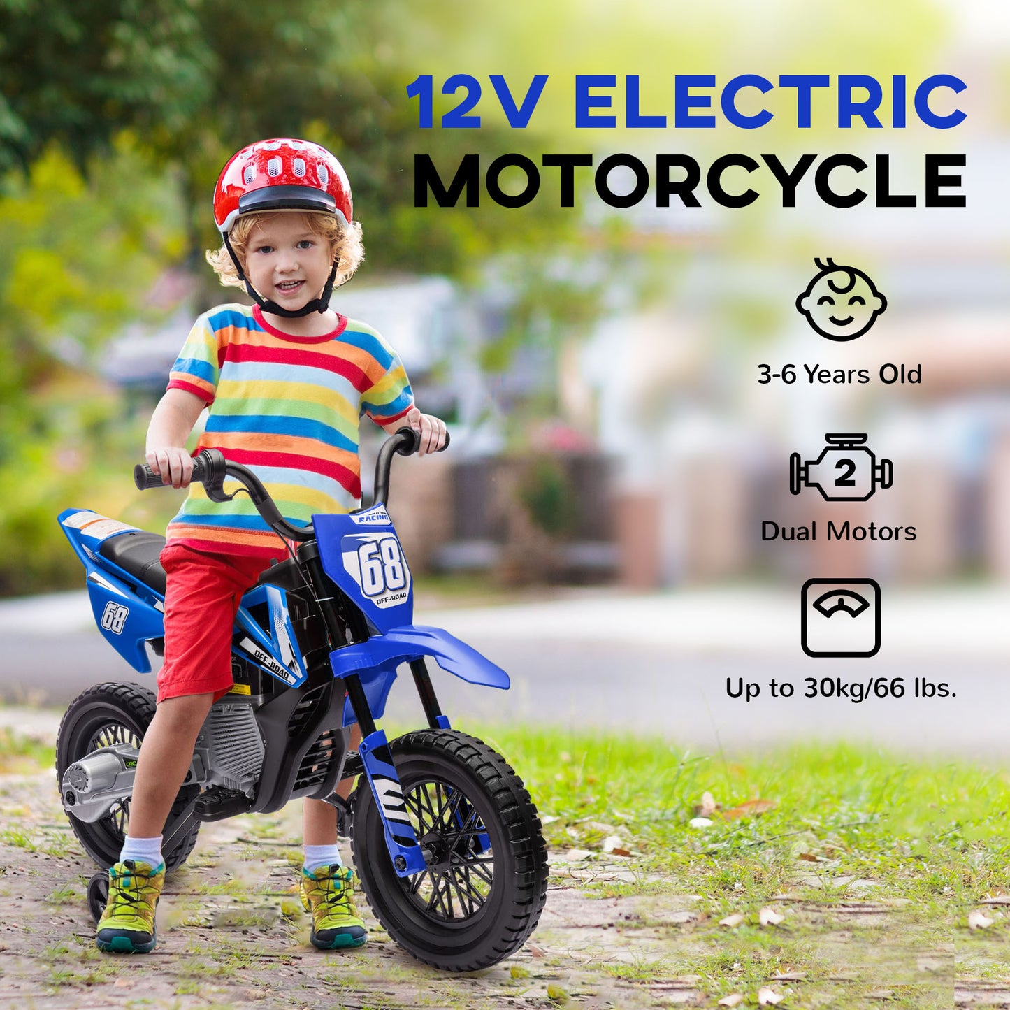 MegaMart 12V Kids Electric Motorcycle w/ Twist Grip Throttle, Training Wheels, Rear Suspension & Music, Blue