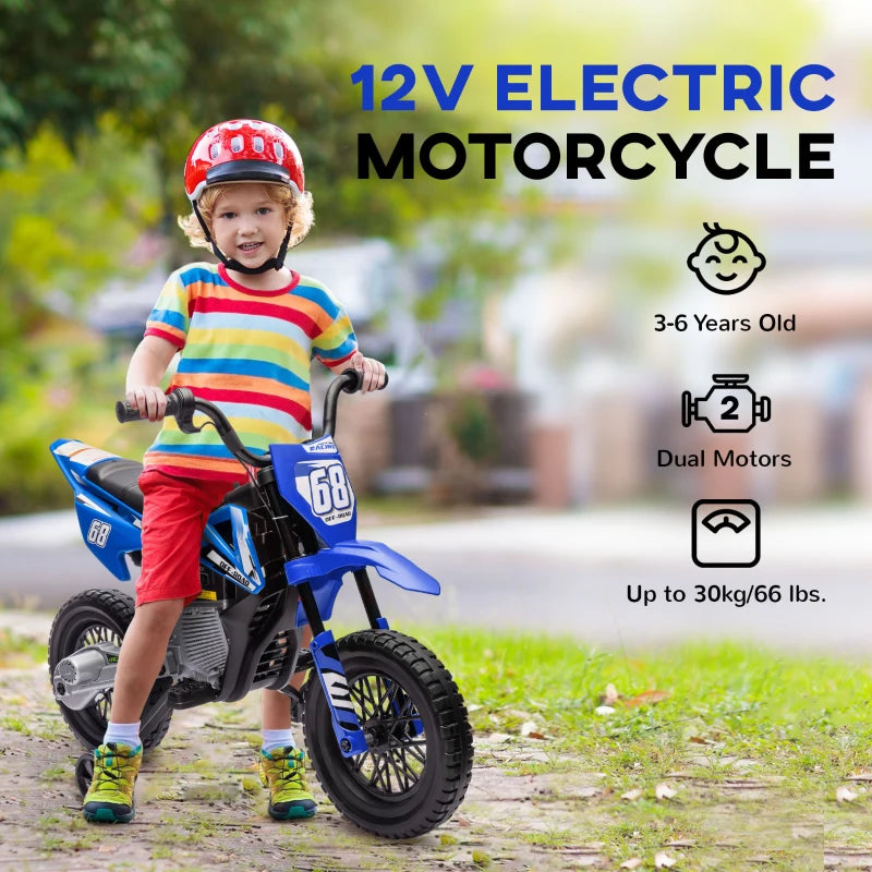 MegaMart 12V Kids Electric Motorcycle w/ Twist Grip Throttle, Training Wheels, Rear Suspension & Music, Blue