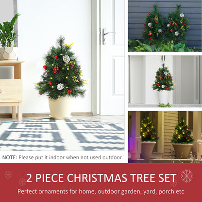 MegaMart 24in Christmas Tree 2-Pack Outdoor Pre-Lit Artificial Pine Cordless with 24 Warm White Lights and Stakes