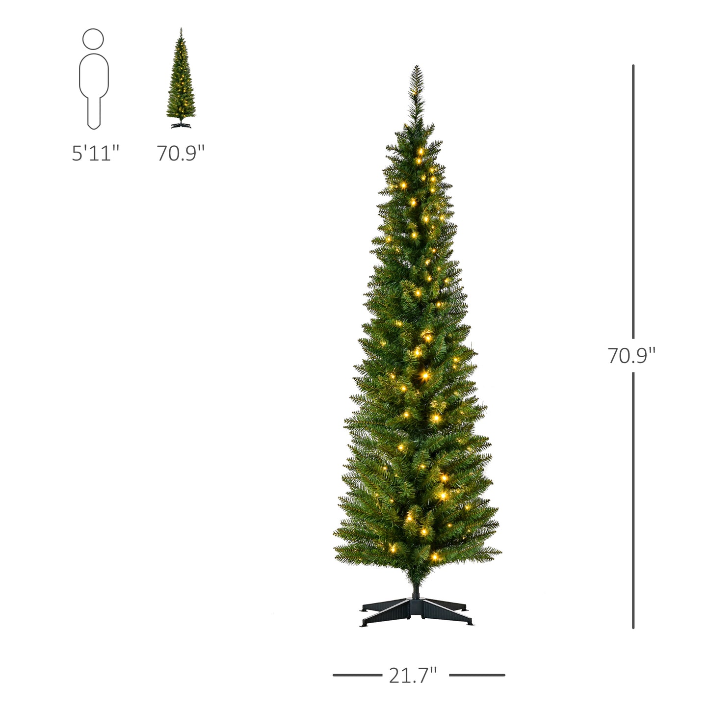 MegaMart 6' Tall Pre-Lit Slim Noble Fir Artificial Pencil Christmas Tree with 200 Warm White LED Lights and 390 Tips, for Christmas Decoration, Green