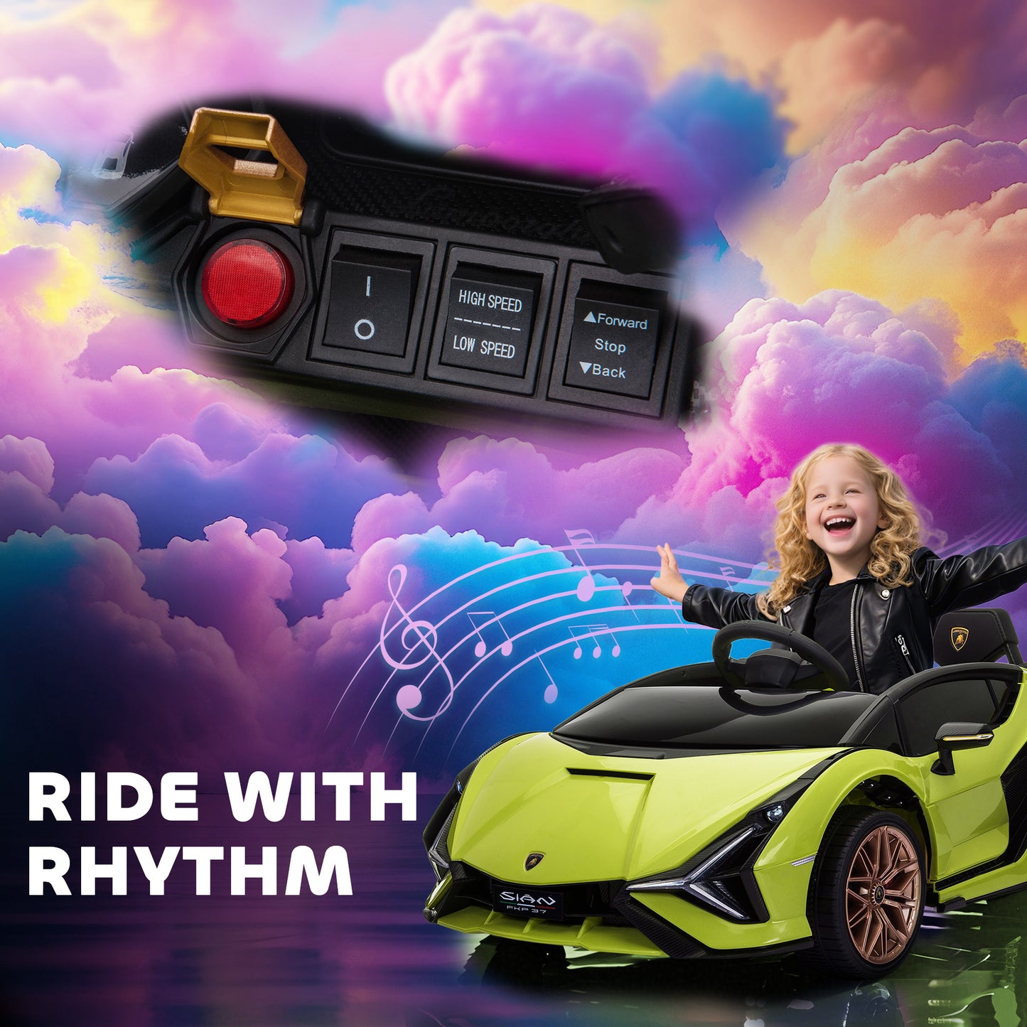 MegaMart 12V Lamborghini SIAN Licensed Electric Car for kids with Remote Control, Horn, Music, & Headlights, Green