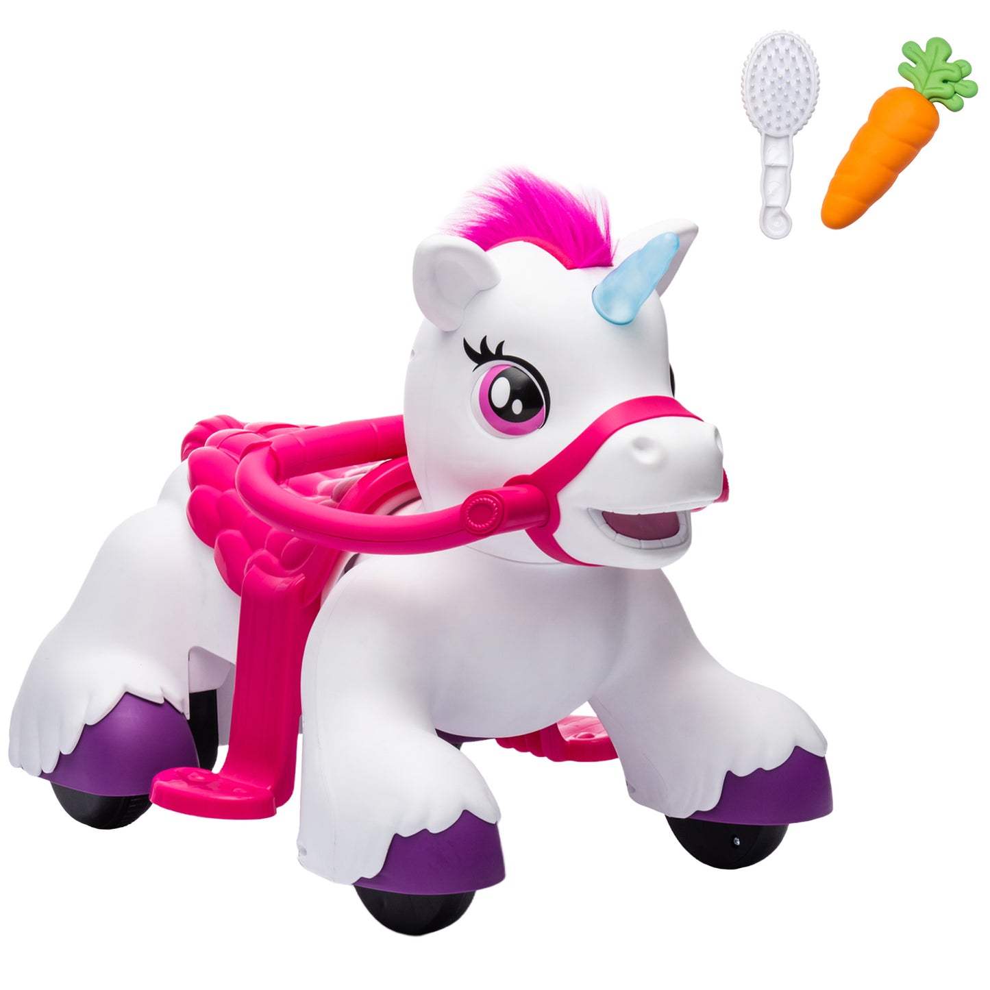 MegaMart 12V Unicorn Ride on Horse with Carrot Toy, Comb, Animal Sounds, for Girls Boys Aged 1.5-3 Years Old