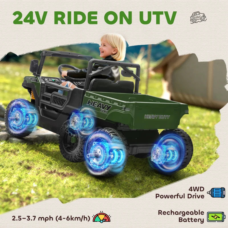 MegaMart 24V 4WD Kids Ride On Car with 6 Wheels, Electric Ride On Car with Dump Bed, Remote for 3-8 Years, Green