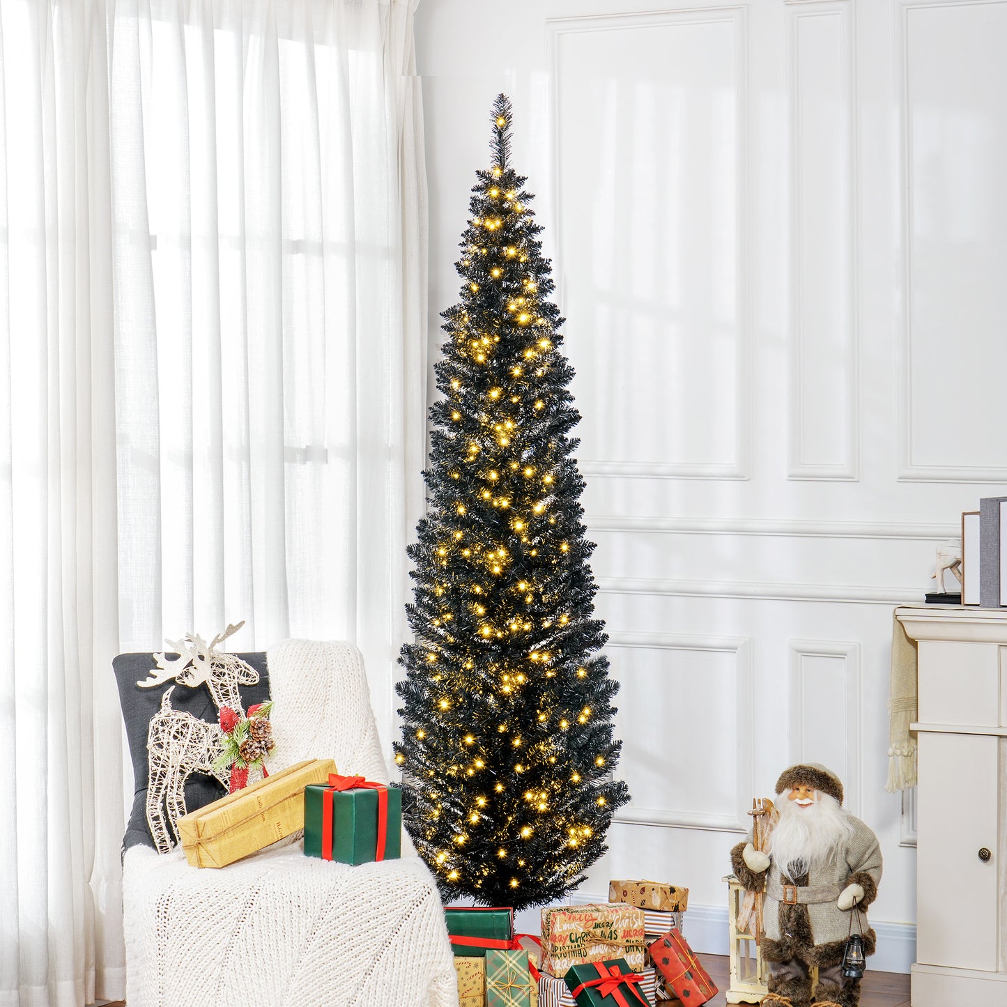 MegaMart 7ft Pencil Christmas Tree, Slim Artificial Christmas Tree with Realistic Branches and Warm White LED Lights, Black