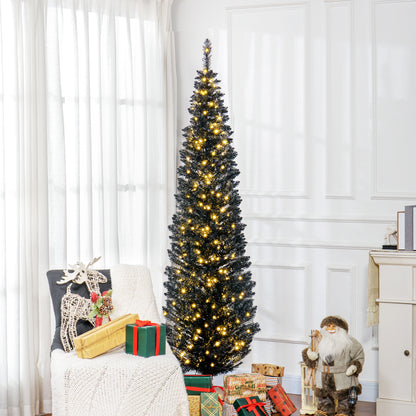 MegaMart 7ft Pencil Christmas Tree, Slim Artificial Christmas Tree with Realistic Branches and Warm White LED Lights, Black