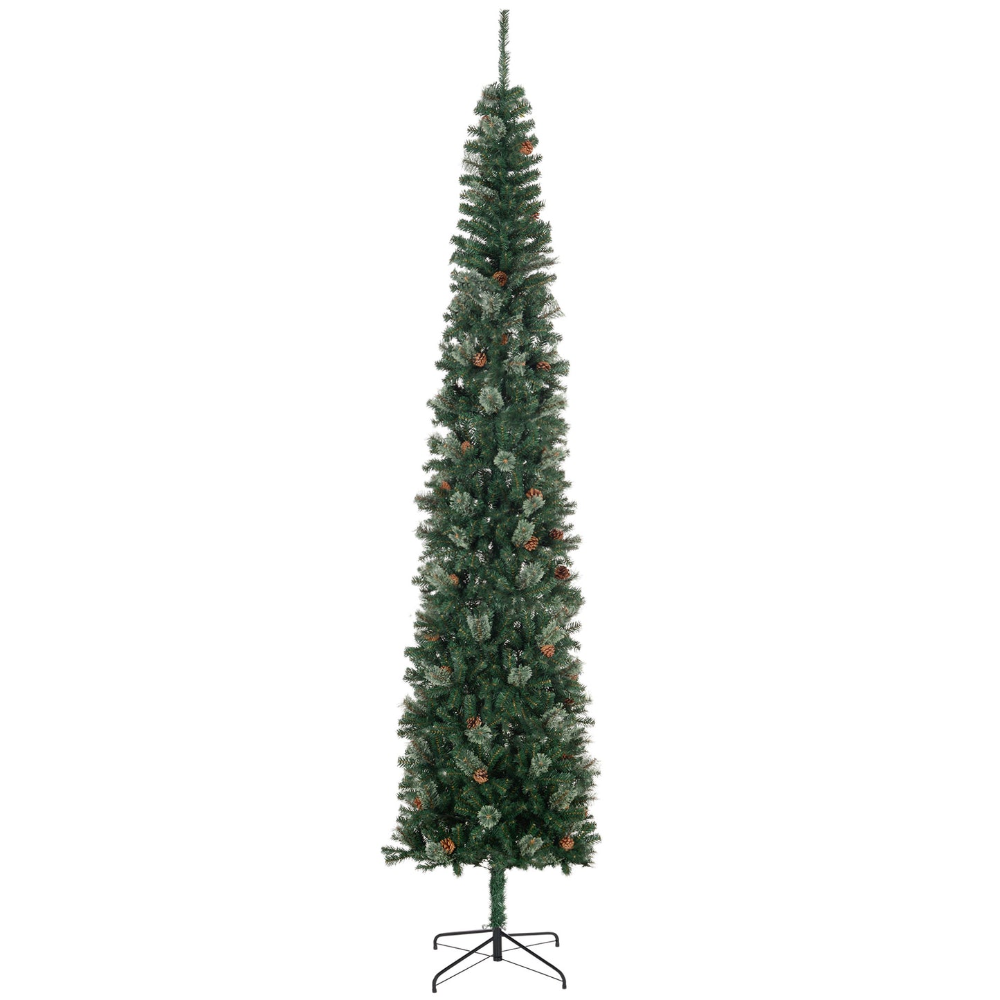 MegaMart 9.5ft Pencil Christmas Tree, Slim Xmas Tree with Realistic Branches, Pine Cones and Metal Base, Green
