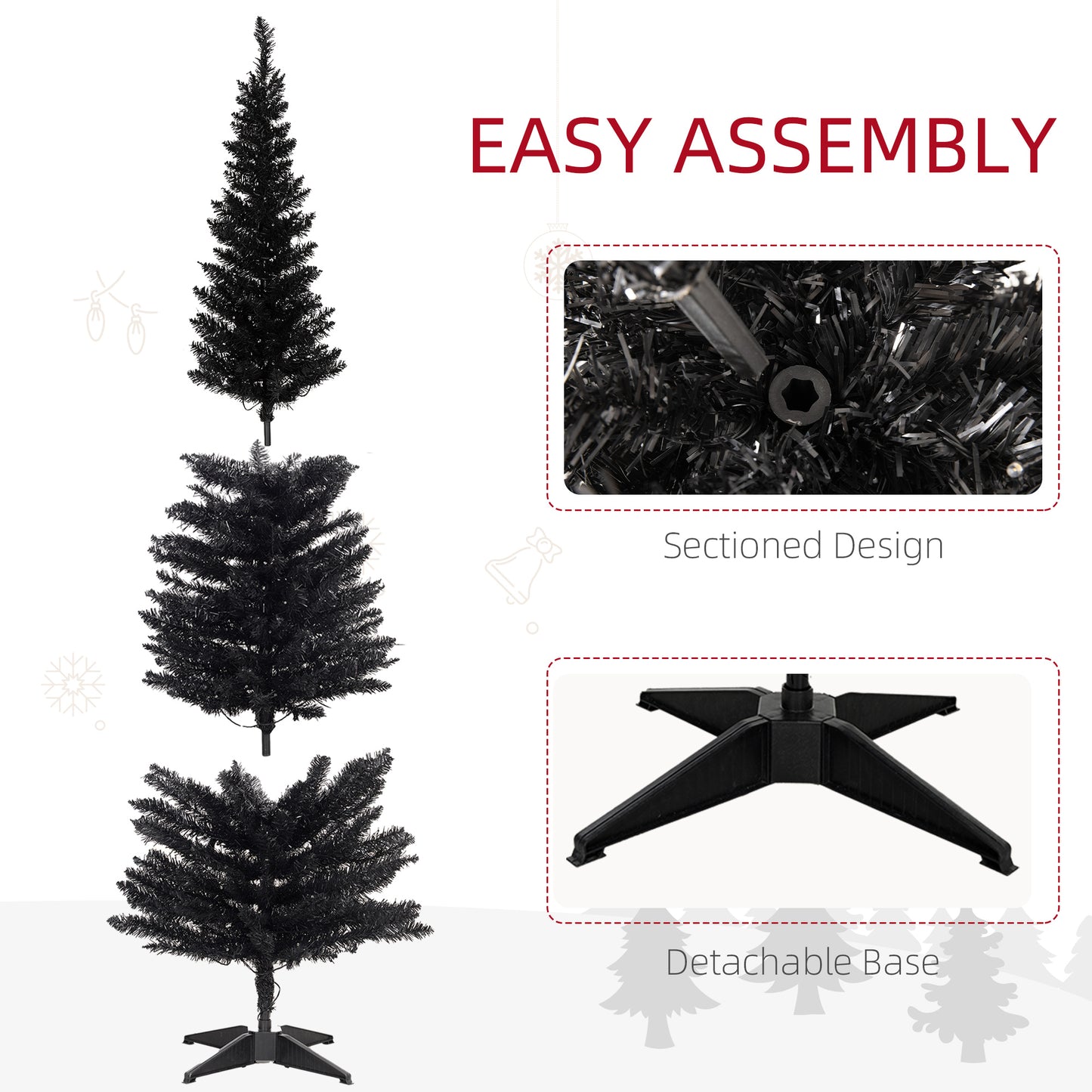 MegaMart 6ft Pencil Christmas Tree, Slim Artificial Christmas Tree with Realistic Branches and Warm White LED Lights, Black