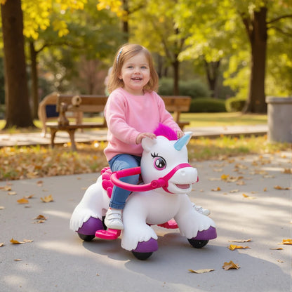 MegaMart 12V Unicorn Ride on Horse with Carrot Toy, Comb, Animal Sounds, for Girls Boys Aged 1.5-3 Years Old