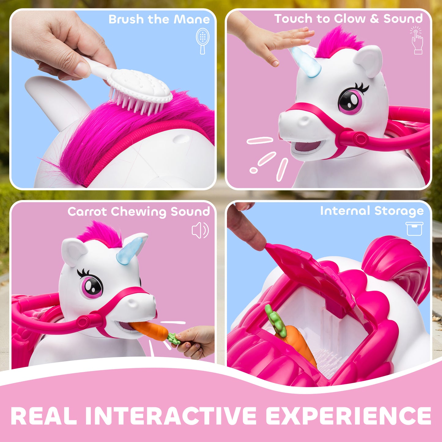 MegaMart 12V Unicorn Ride on Horse with Carrot Toy, Comb, Animal Sounds, for Girls Boys Aged 1.5-3 Years Old