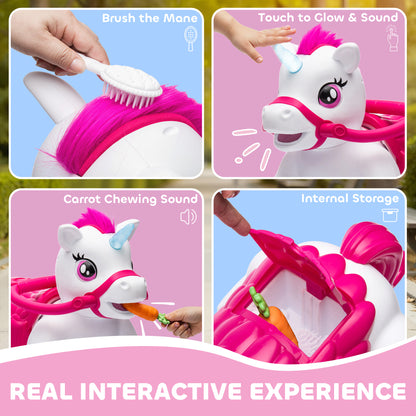 MegaMart 12V Unicorn Ride on Horse with Carrot Toy, Comb, Animal Sounds, for Girls Boys Aged 1.5-3 Years Old