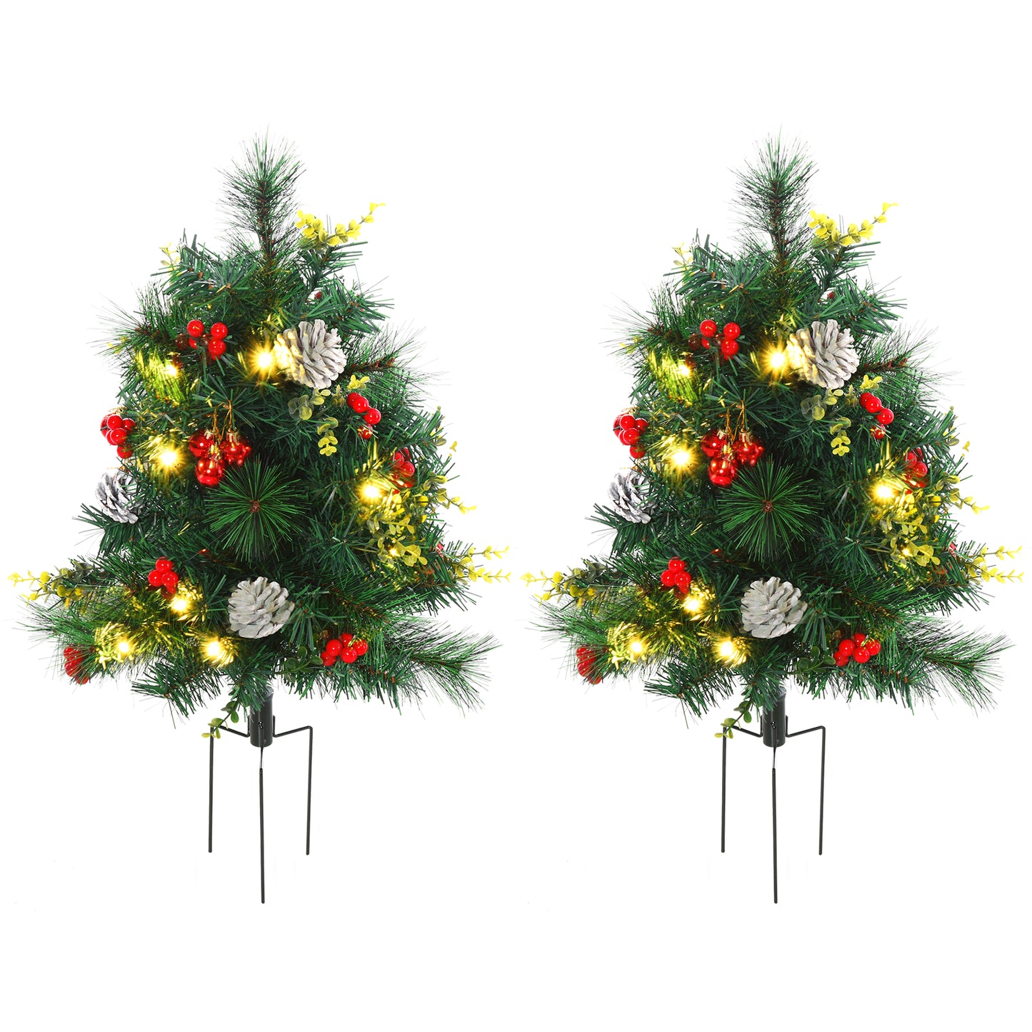 MegaMart 24in Christmas Tree 2-Pack Outdoor Pre-Lit Artificial Pine Cordless with 24 Warm White Lights and Stakes