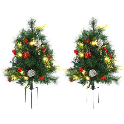 MegaMart 24in Christmas Tree 2-Pack Outdoor Pre-Lit Artificial Pine Cordless with 24 Warm White Lights and Stakes