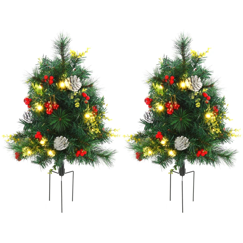 MegaMart 24in Christmas Tree 2-Pack Outdoor Pre-Lit Artificial Pine Cordless with 24 Warm White Lights and Stakes