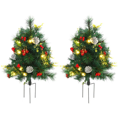 MegaMart 24in Christmas Tree 2-Pack Outdoor Pre-Lit Artificial Pine Cordless with 24 Warm White Lights and Stakes