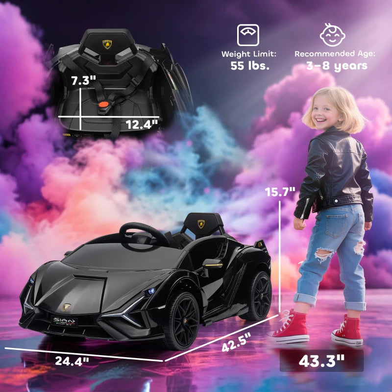 MegaMart 12V Lamborghini SIAN Licensed Electric Car for kids with Remote Control, Horn, Music, & Headlights, Black