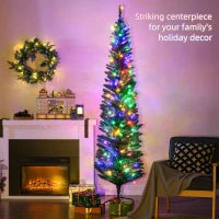 MegaMart 7' Artificial Pencil Christmas Trees Holiday Decoration with Colorful LED Lights, Steel Base, Skinny Shape