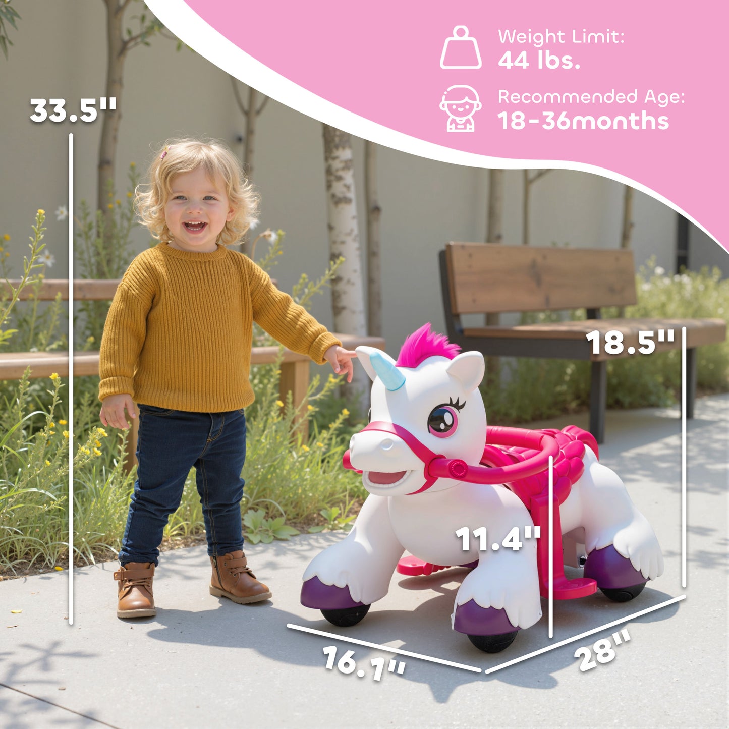 MegaMart 12V Unicorn Ride on Horse with Carrot Toy, Comb, Animal Sounds, for Girls Boys Aged 1.5-3 Years Old