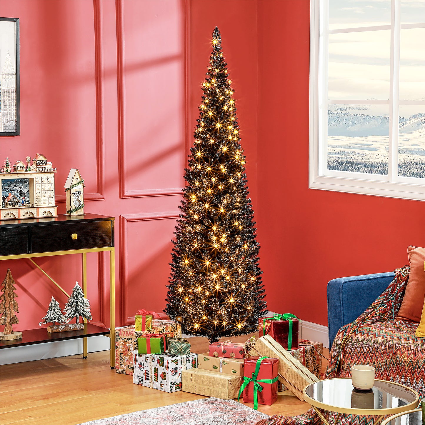 MegaMart 6ft Pencil Christmas Tree, Slim Artificial Christmas Tree with Realistic Branches and Warm White LED Lights, Black