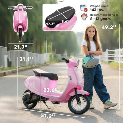 MegaMart 24V Kids Motorcycle with 3-Speed, Electric Motorcycle with Rear Suspension and LED Lights for 8-12 Years Old, Pink