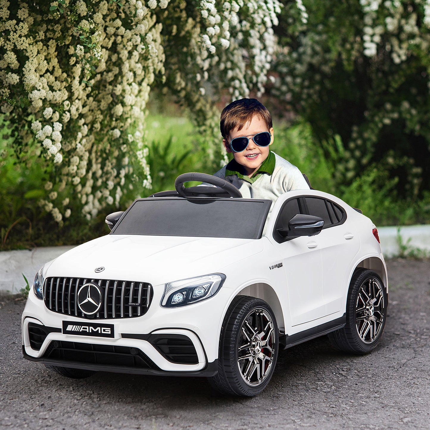 MegaMart 12V Toddler Ride On Car with Remote Control, Mercedes Benz AMG GLC63S Coupe, Electric Car with 2 Speed, MP3 Player, Light, Horn, Songs, Suspension, White