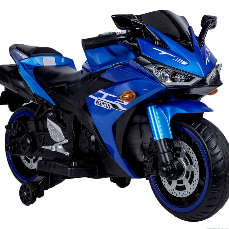 MegaMart 12V Kids Electric Ride-On Motorcycle with Training Wheels and Headlight, Motorbike with MP3 and Light-Up Wheels, 46" L x 20" W x 26" H, Blue