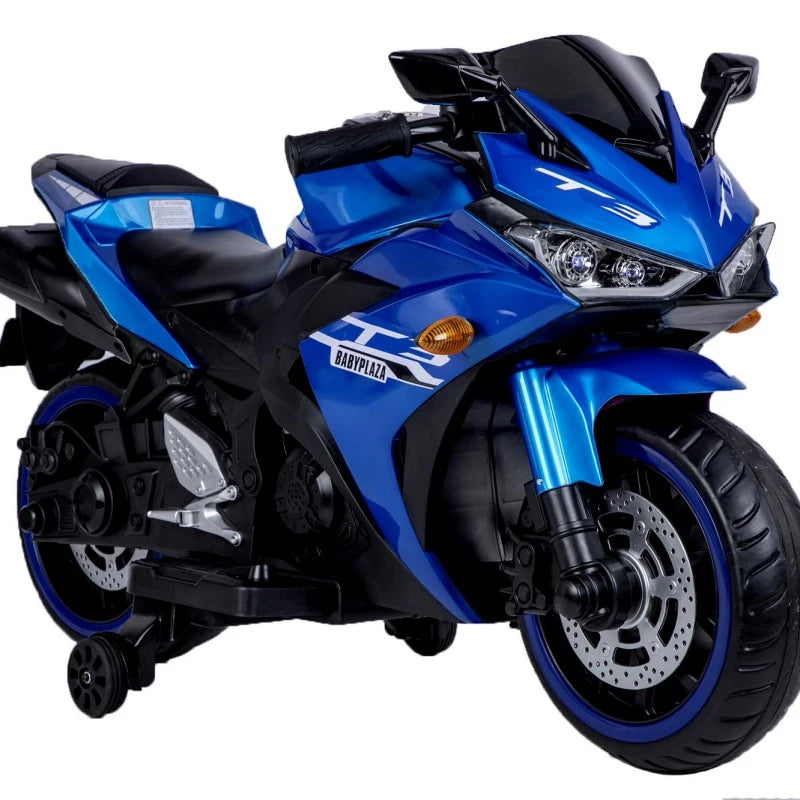 MegaMart 12V Kids Electric Ride-On Motorcycle with Training Wheels and Headlight, Motorbike with MP3 and Light-Up Wheels, 46" L x 20" W x 26" H, Blue