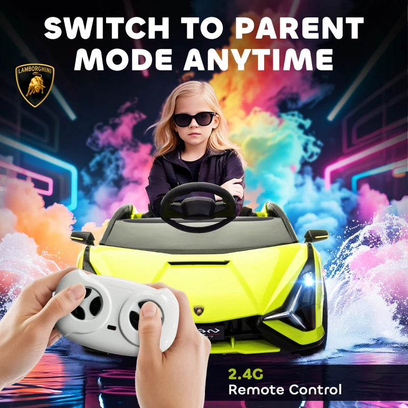 MegaMart 12V Lamborghini SIAN Licensed Electric Car for kids with Remote Control, Horn, Music, & Headlights, Green