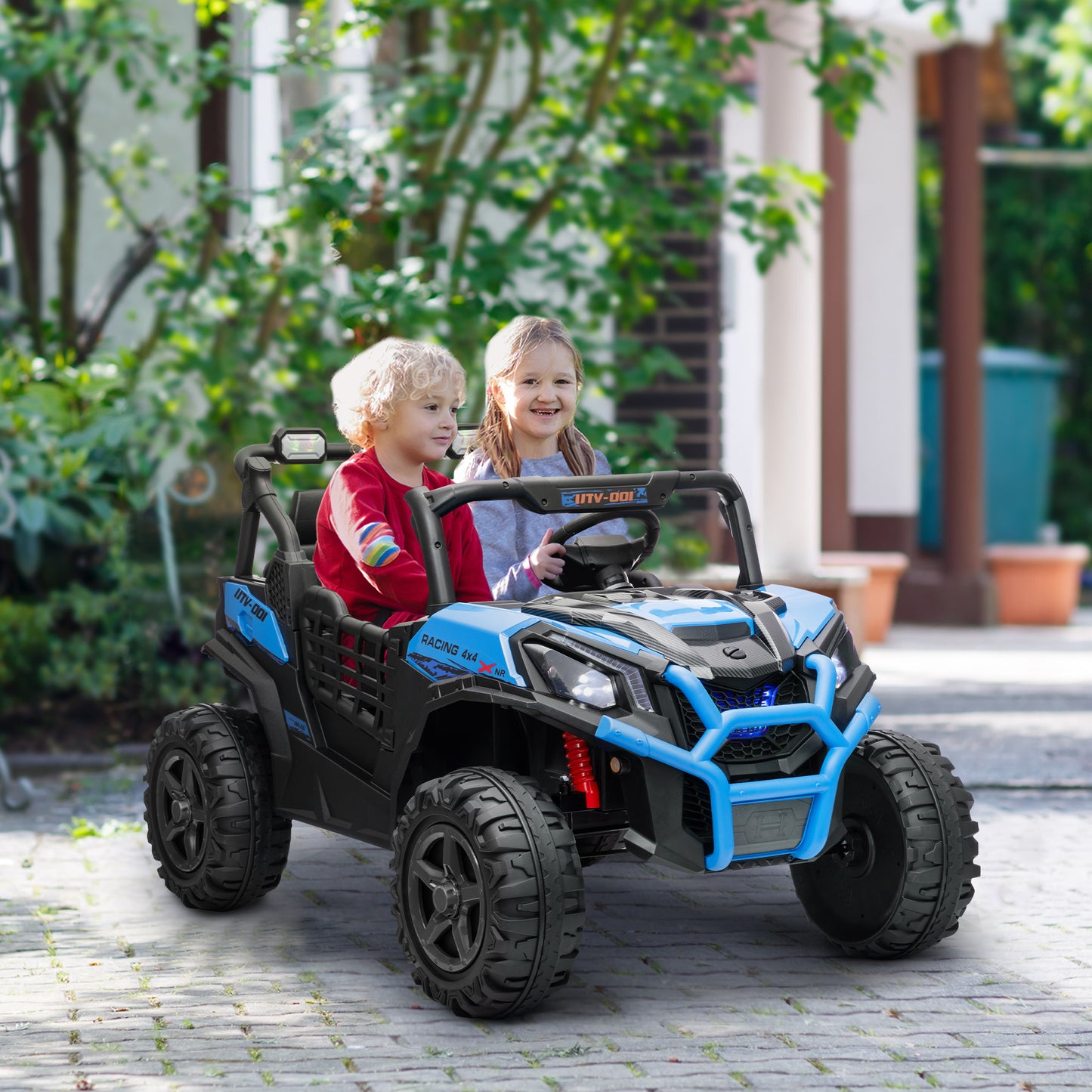 MegaMart 2 Seater 24V Kids Electric Car w/ Remote Control, 3 Speed, LED Lights, Music, Horn, Spring Suspension, Slow Start, Blue