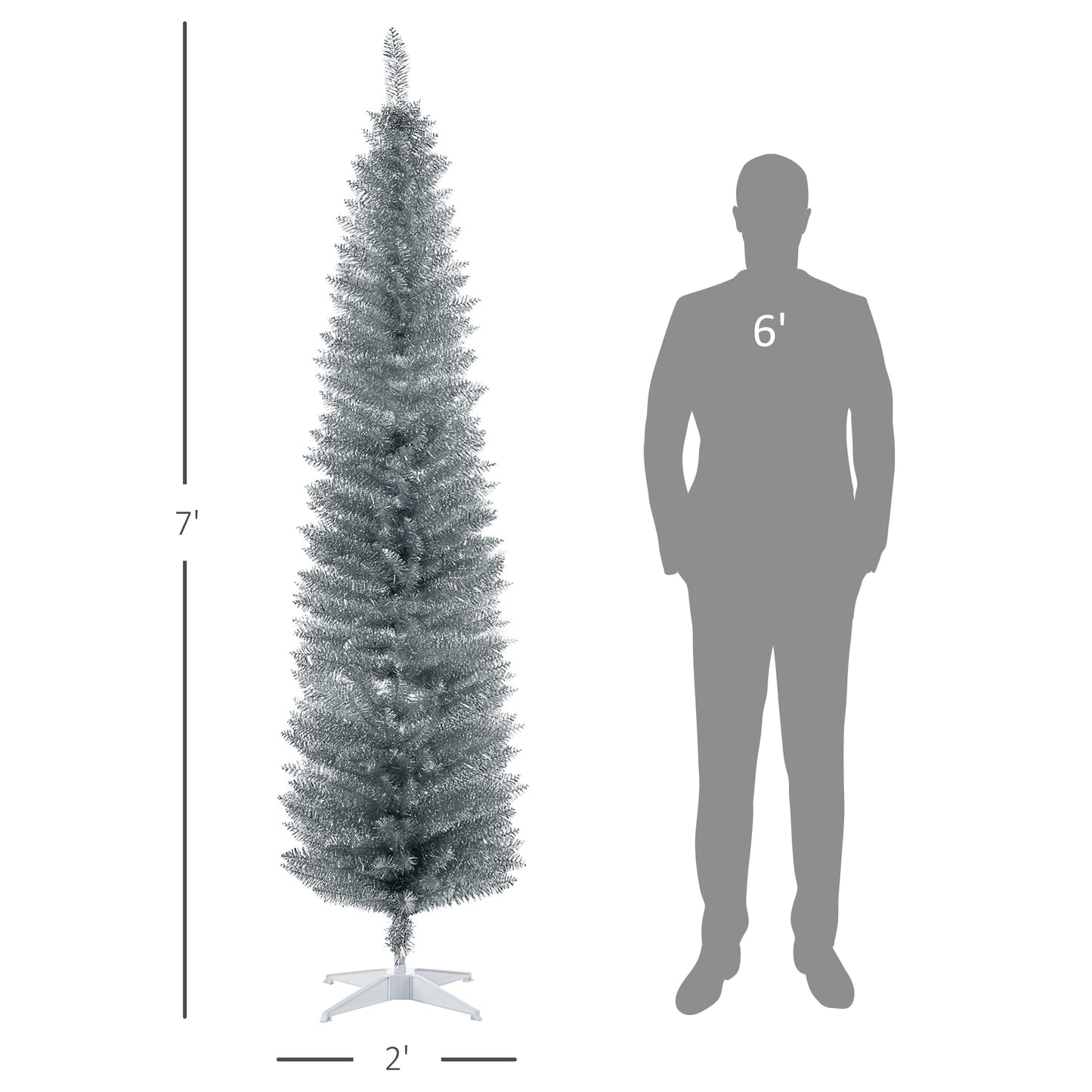 MegaMart 7FT Decorated Christmas Tree, Pencil Christmas Tree with 499 Realistic Branch Tips and Plastic Stand, Silver