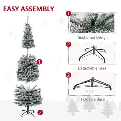 MegaMart 6ft Flocked Christmas Tree, Pencil Artificial Xmas Tree with Faux Snow, Dense Branches, Foldable Metal Base for Indoor Holiday Decor