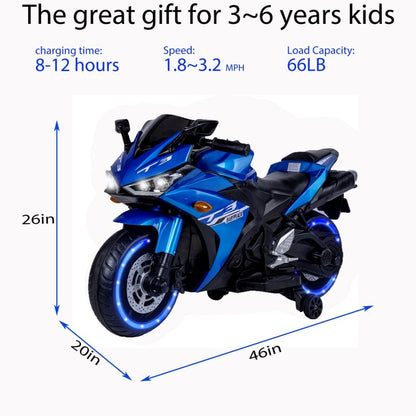 MegaMart 12V Kids Electric Ride-On Motorcycle with Training Wheels and Headlight, Motorbike with MP3 and Light-Up Wheels, 46" L x 20" W x 26" H, Blue