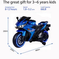 MegaMart 12V Kids Electric Ride-On Motorcycle with Training Wheels and Headlight, Motorbike with MP3 and Light-Up Wheels, 46" L x 20" W x 26" H, Blue