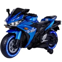 MegaMart 12V Kids Electric Ride-On Motorcycle with Training Wheels and Headlight, Motorbike with MP3 and Light-Up Wheels, 46" L x 20" W x 26" H, Blue