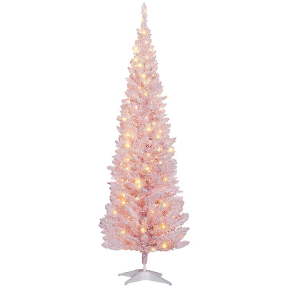 MegaMart 6ft Pencil Christmas Tree, Slim Artificial Christmas Tree with Realistic Branches and Warm White LED Lights, Pink